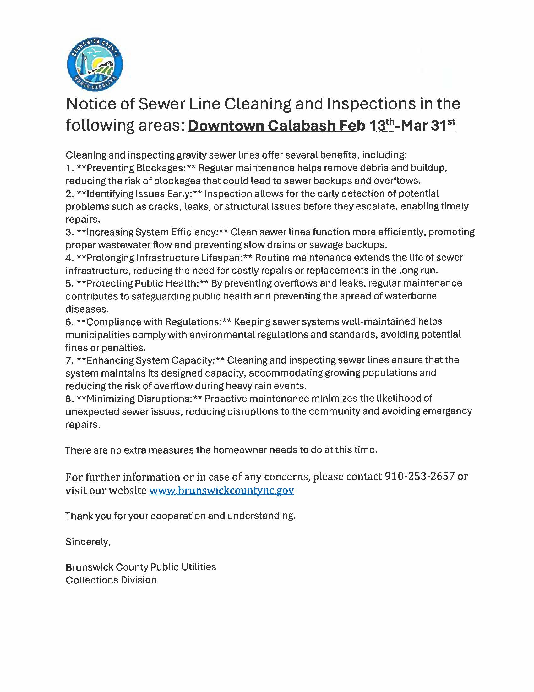 Notice of Sewer Line Cleaning and Inspection Calabash